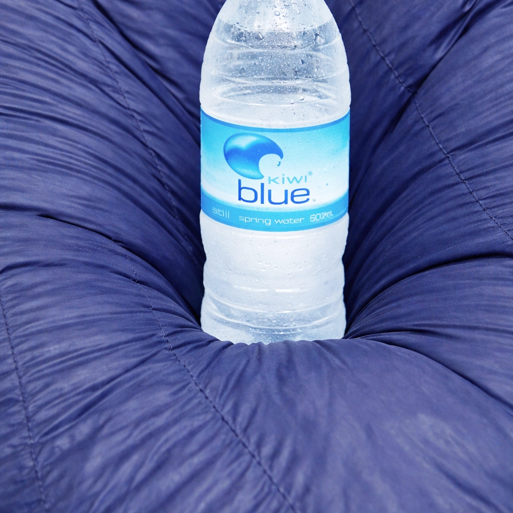 sleeping bag down loft demonstrated with kiwi blue water bottle