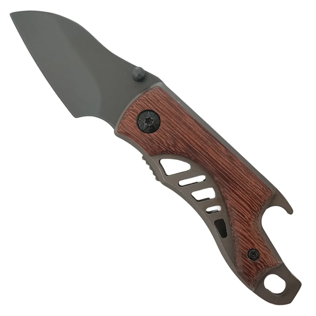 small wooden styled handled pocket knife with full locking blade