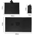 Dimensions of black hooded poncho tarp showing 220 by 140 centimetres and packed size