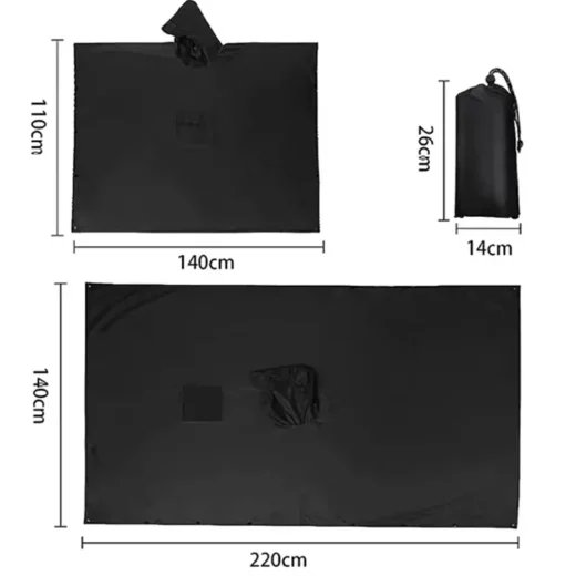 Dimensions of black hooded poncho tarp showing 220 by 140 centimetres and packed size