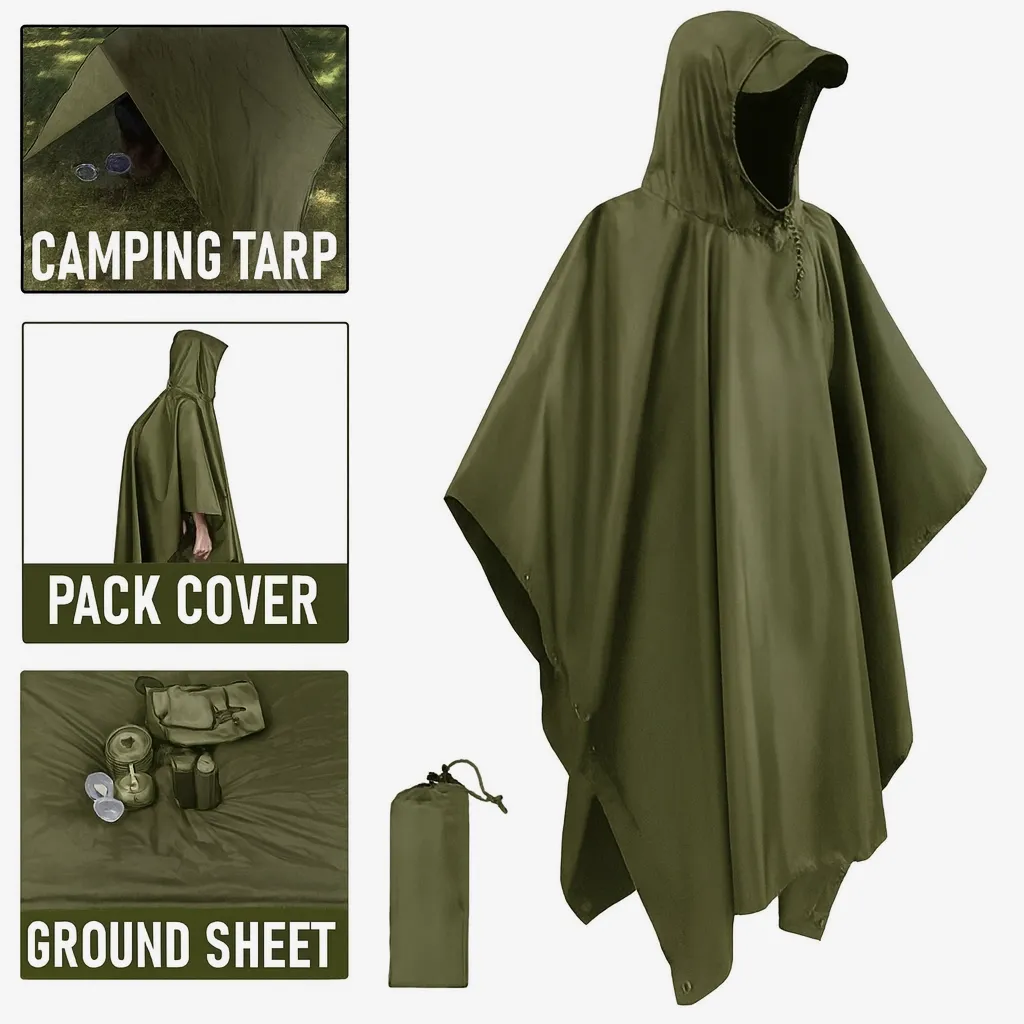 Emergency Poncho 3-in-1 Army Green Rain Tarp, Groundsheet & Shelter