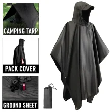 Rain Poncho Tarp and Groundsheet 3 in 1 Hooded Black Rain Coat with Pocket Paracord Bracelet Hikera Treksheild NZ Main Image Updated 2026