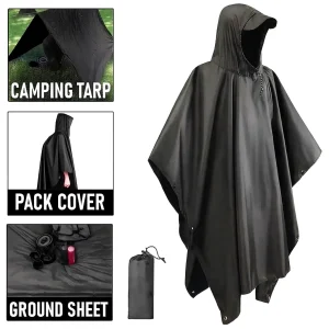 Rain Poncho Tarp and Groundsheet 3-in-1 Hooded Rain Coat with Pocket