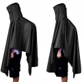 Side profile views of hooded black rain poncho covering upper body and pack