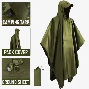 Green Rain Poncho Tarp and Groundsheet 3-in-1 Hooded Rain Coat with Pocket + Paracord Bracelet