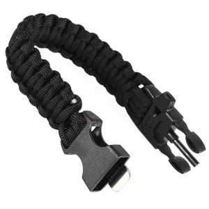 Survival Paracord Bracelet 3.2m Cord 23cm Black | Whistle Buckle + Fire Starter