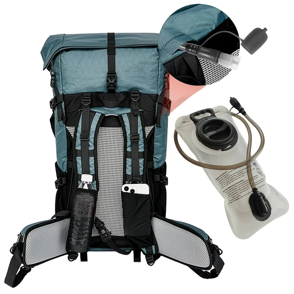 Back view showing hydration tube routing with an optional bladder shown and not included