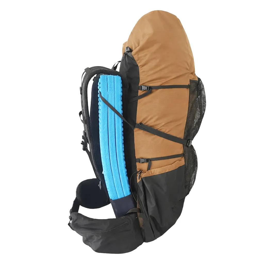 side profile image of ultralight weight backpack showing sleeping pad used as the packs frame