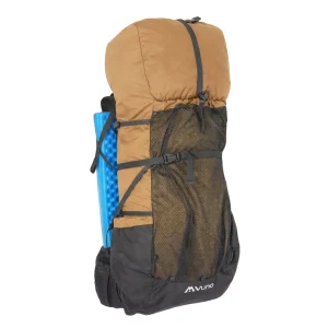 angled front view of ultra lightweight tramping pack with slesping pad as frame