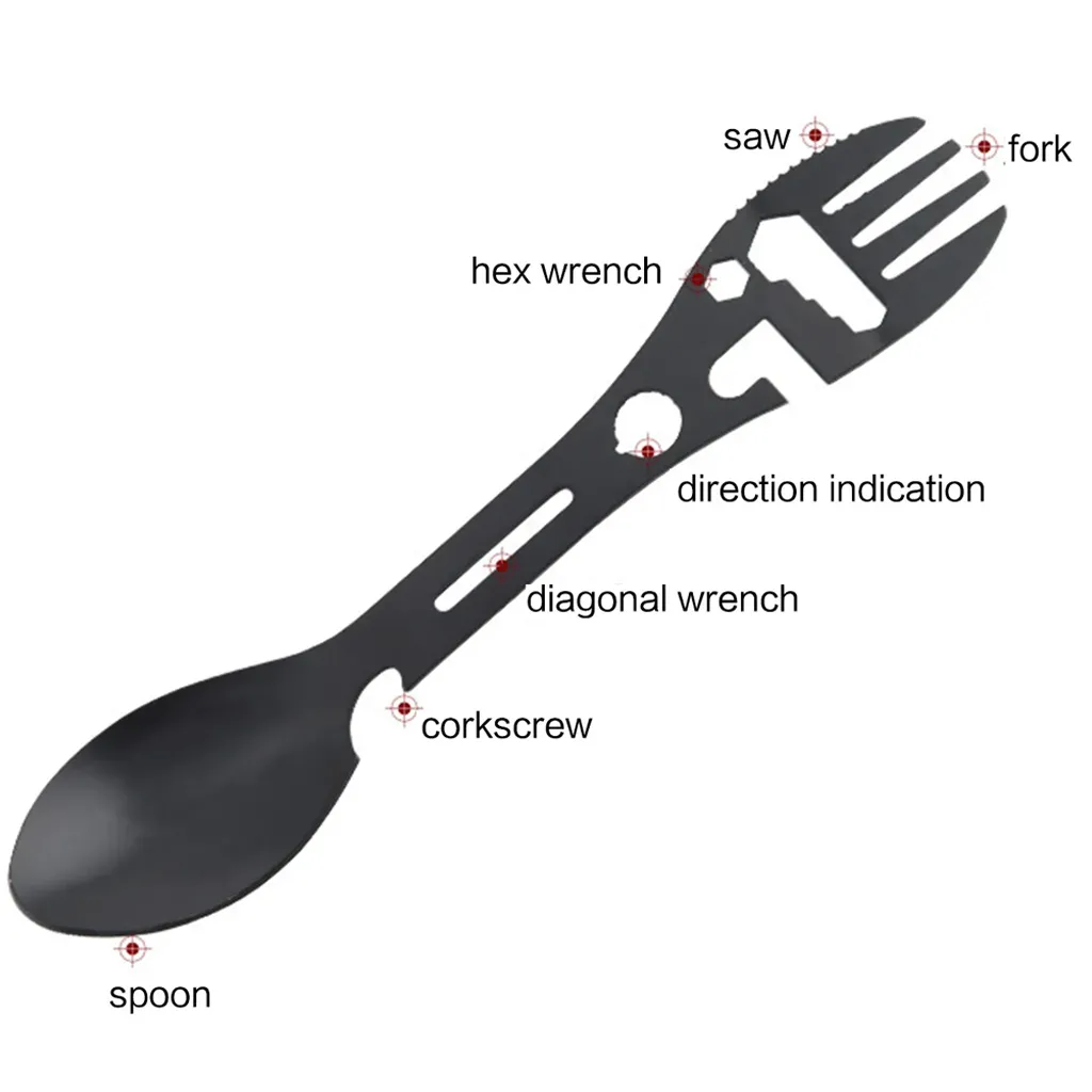 Diagram of the spork labelling fork, saw edge, hex cut-out, slot cut-out and spoon