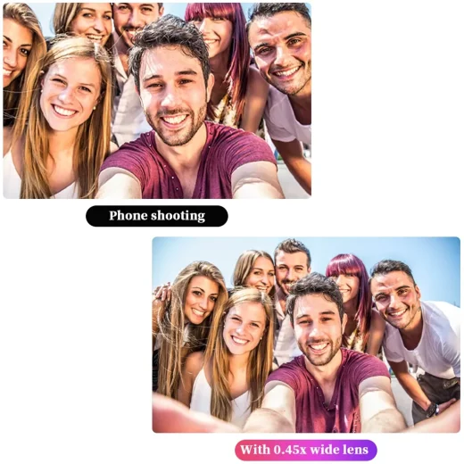 Group selfie comparison showing standard phone view versus 0.45x wide angle view