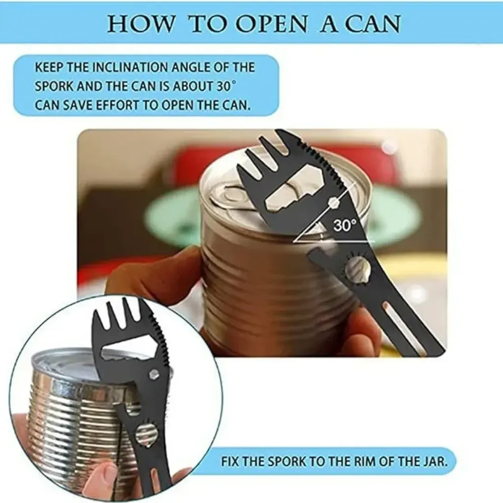 Instruction graphic showing how to open a tin using the spork at about a 30 degree angle