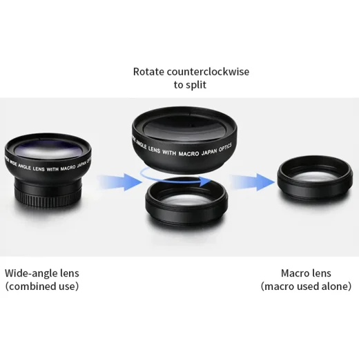 Phone lens kit showing twist to split wide angle and macro lens sections