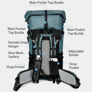 Rear view showing shoulder strap pockets, breathable mesh back, and adjustable buckles for steady load carry