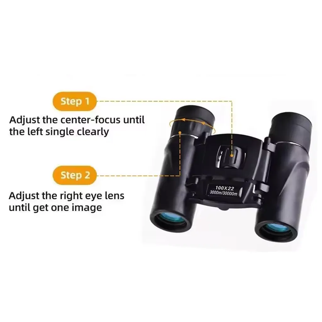Setup guide image showing how to focus mini binoculars using the centre focus first, then the right eye diopter for a single clear image
