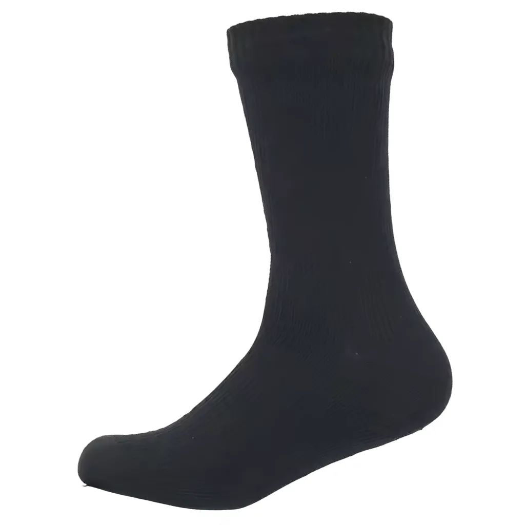 Single black waterproof sock on a white background, mid-calf length