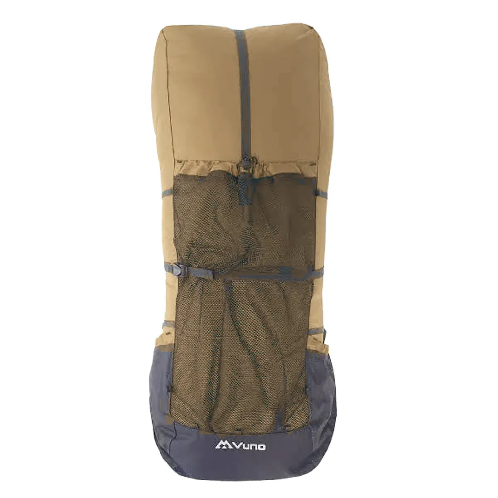 brown frameless backpack for tramping front view