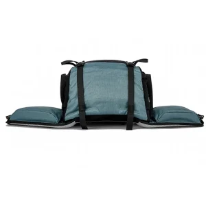 Back laid flat with the padded hip belt extended, showing the supportive waist wrap for steadier walking comfort