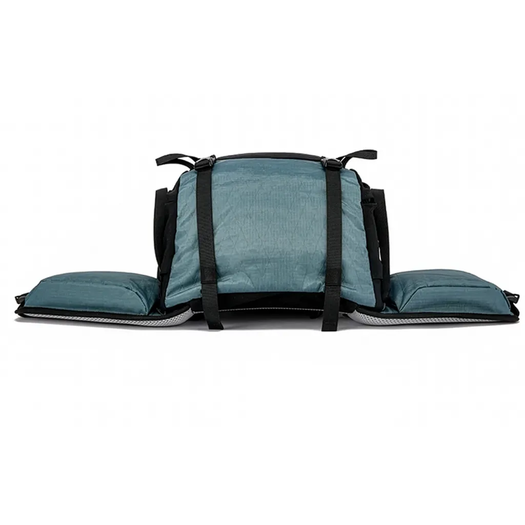 Back laid flat with the padded hip belt extended, showing the supportive waist wrap for steadier walking comfort