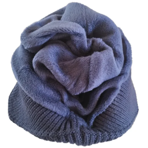 fleece lining on the inside of the blue beanie with ear flaps