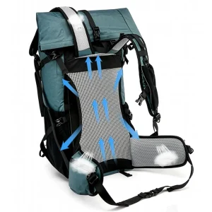 Blue grey roll top pack showing a breathable mesh back panel and padded hip belt for airflow on hiking trips