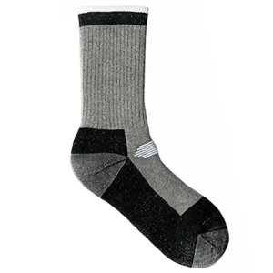 Single grey and black merino blend hiking sock on a white background showing cushioned footbed zones and crew length rib knit upper