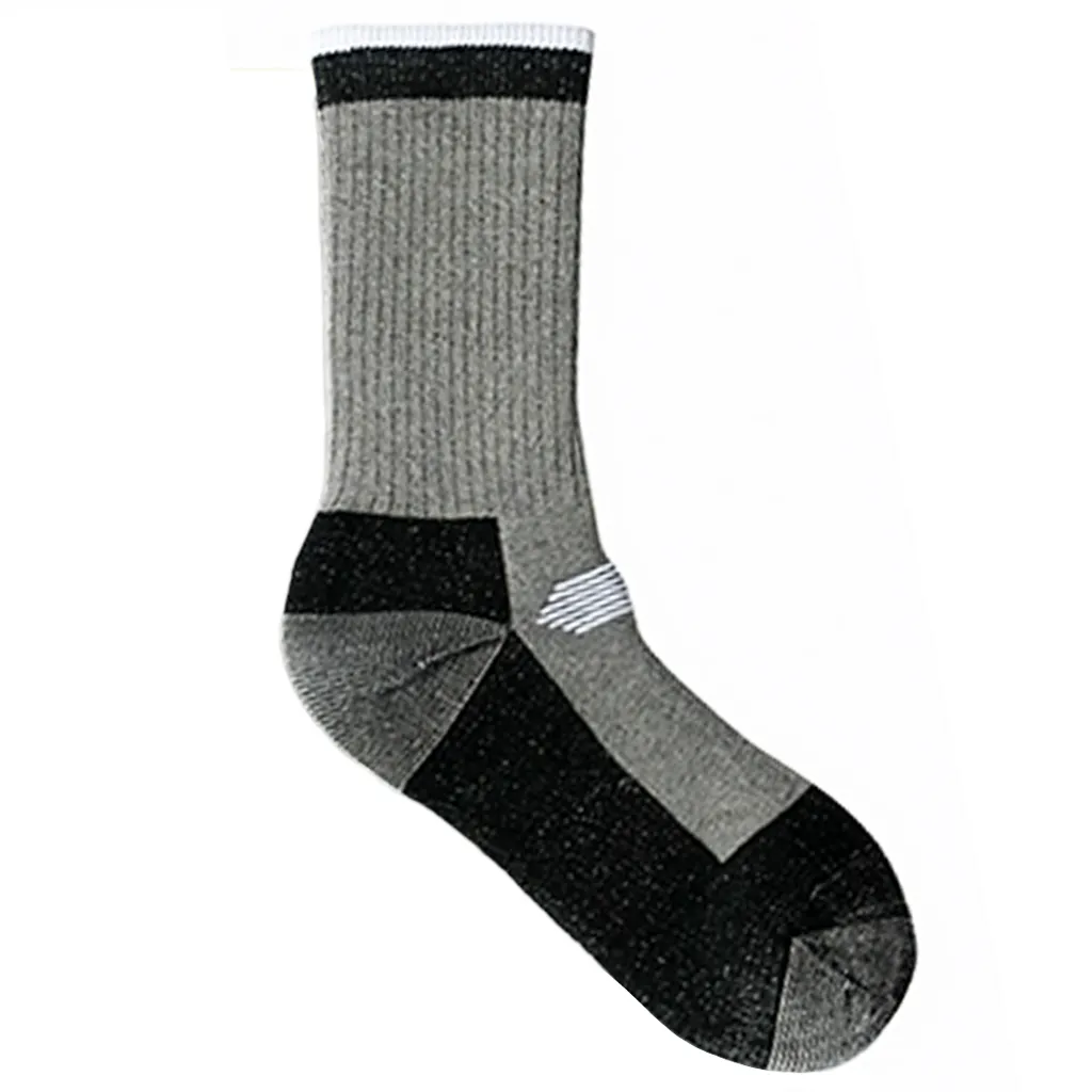 Single grey and black merino blend hiking sock on a white background showing cushioned footbed zones and crew length rib knit upper