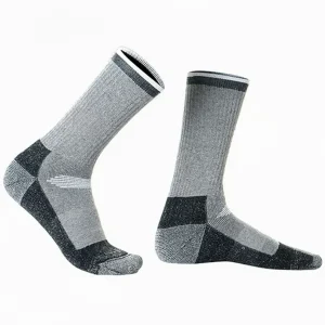 Side view of grey and black merino blend hiking socks showing padded heel, arch support band, and reinforced toe for boot comfort