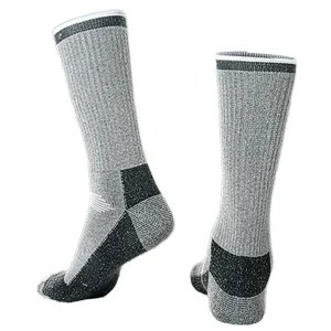 Rear view of grey and black merino blend hiking socks showing crew height, elastic cuff, and reinforced heel area for a stable fit
