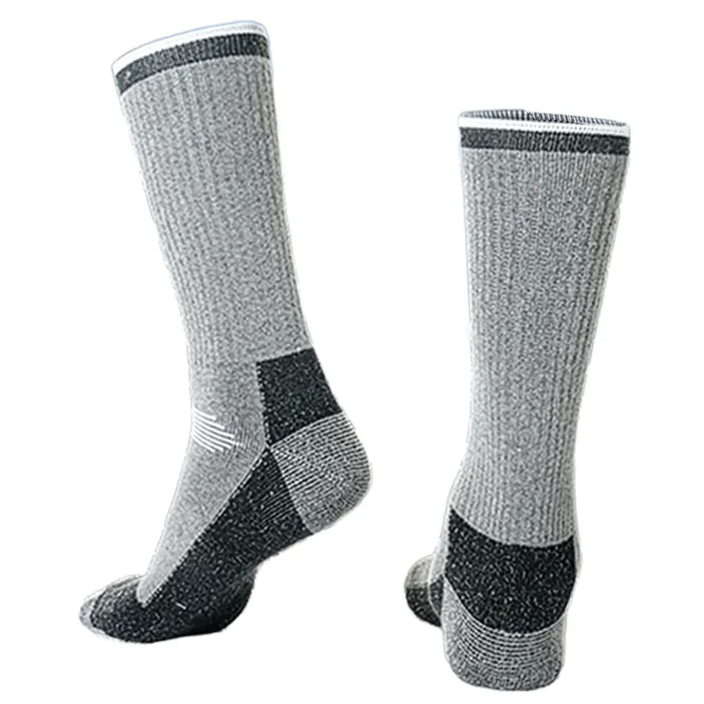 Rear view of grey and black merino blend hiking socks showing crew height, elastic cuff, and reinforced heel area for a stable fit