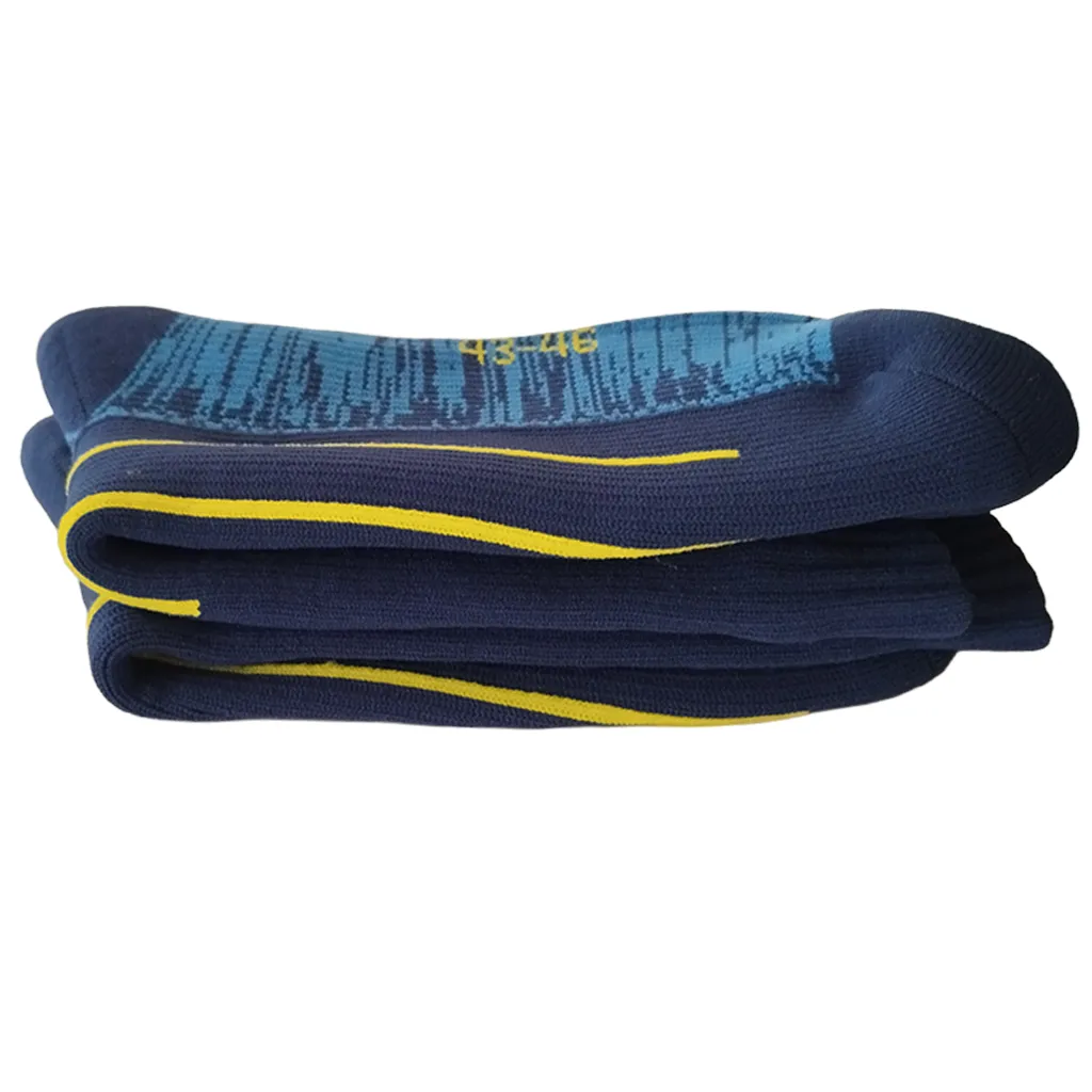 side view of blue wp socks stacked