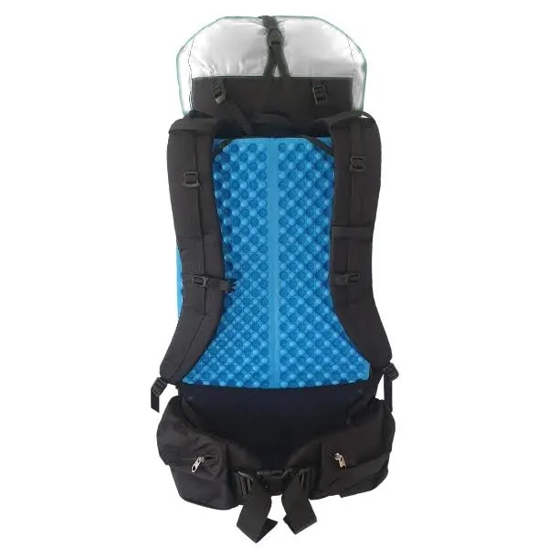 ultralight tramping pack with sleeping mat used as the packs frame rear view show the mat
