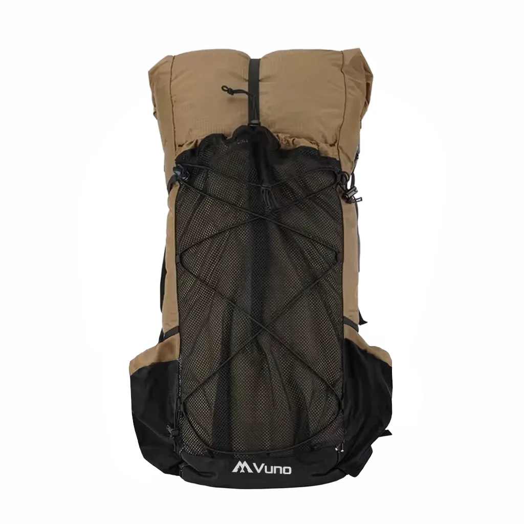 vuno ultralight frameless tramping pack brown colour