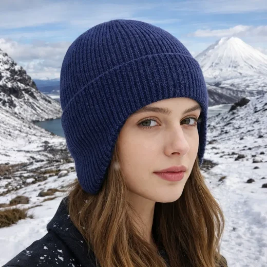 woman wearing navy blue beanie with side flaps