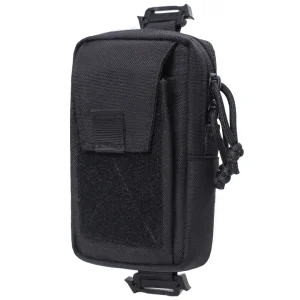 Angled front view of black nylon shoulder strap pouch with flap and zip closure