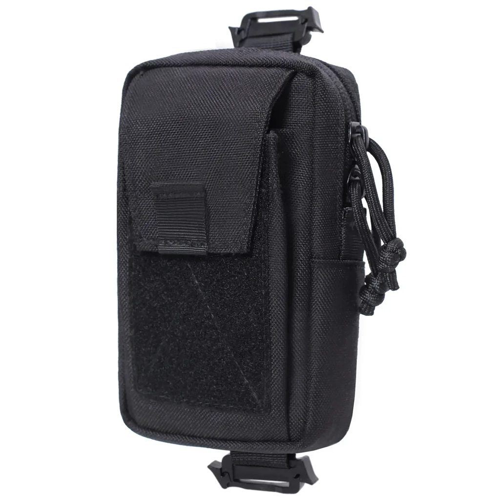 Angled front view of black nylon shoulder strap pouch with flap and zip closure