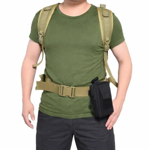 Black pouch mounted to waist belt for hiking travel and outdoor carry