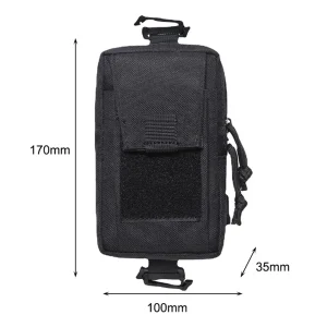 Front view of black backpack strap pouch with size measurements shown