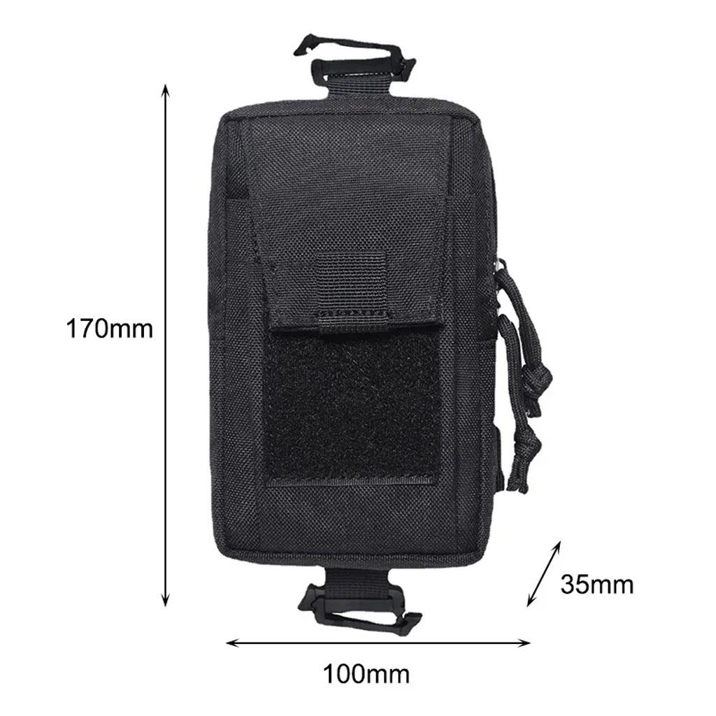 Front view of black backpack strap pouch with size measurements shown