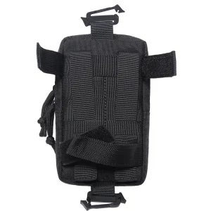 Rear view of black utility pouch showing MOLLE webbing and hook and loop straps