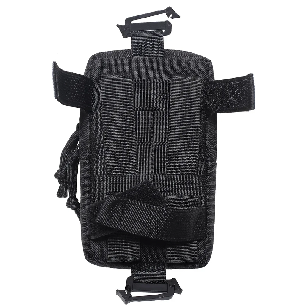 Rear view of black utility pouch showing MOLLE webbing and hook and loop straps
