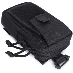 Top angled view of compact black MOLLE pouch with zip opening and cord pulls