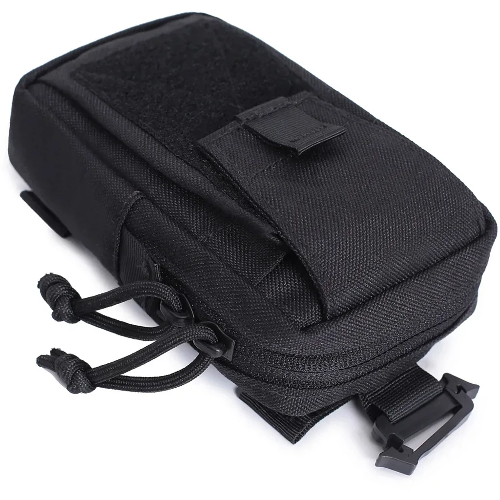 Top angled view of compact black MOLLE pouch with zip opening and cord pulls