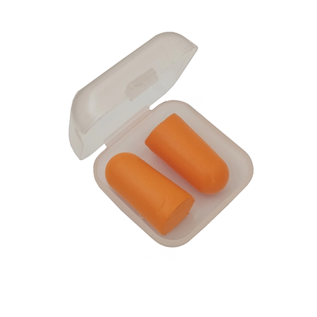 Two orange foam ear plugs packed in a small clear plastic storage box