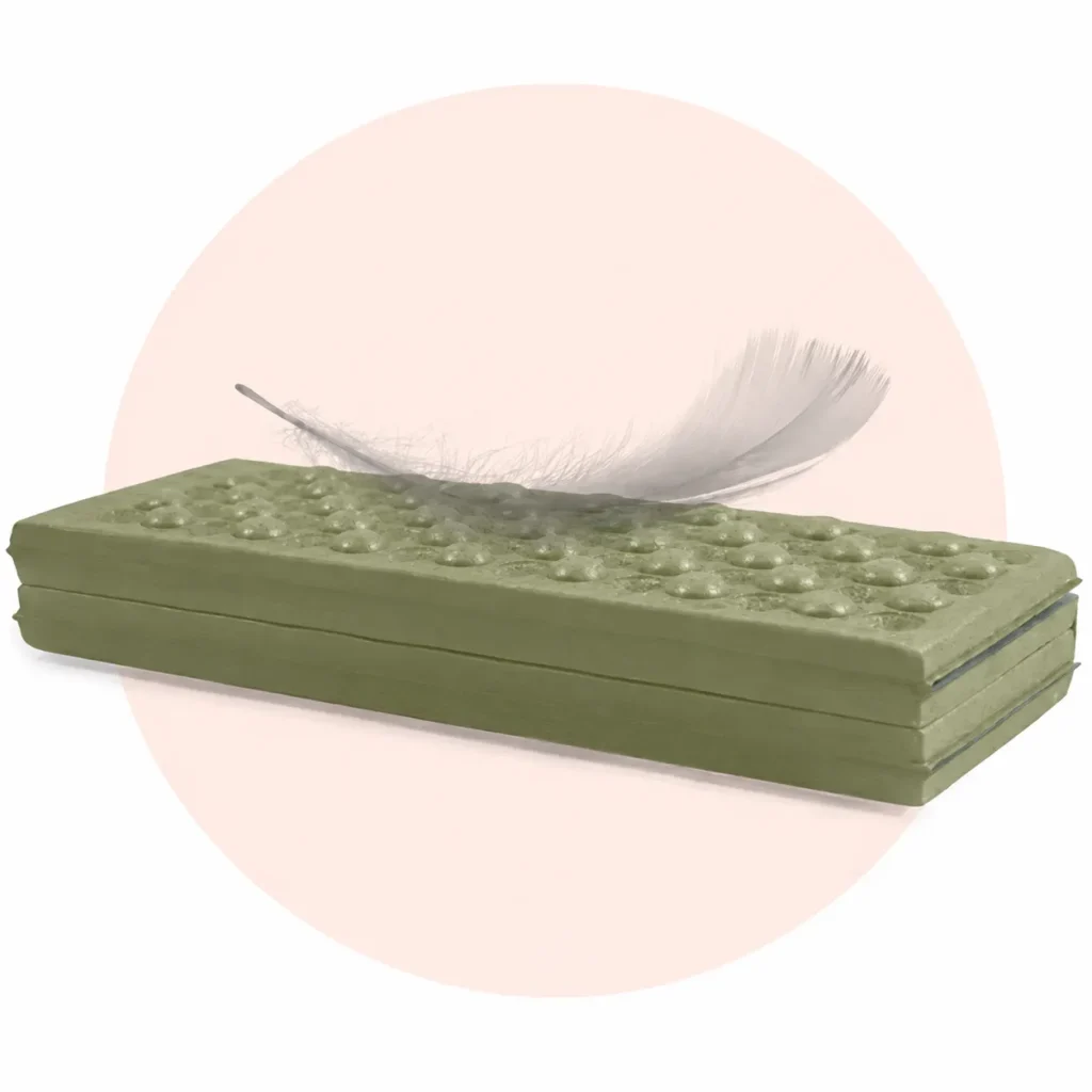 Army green folded outdoor seat pad with raised texture and feather graphic showing a lightweight compact design