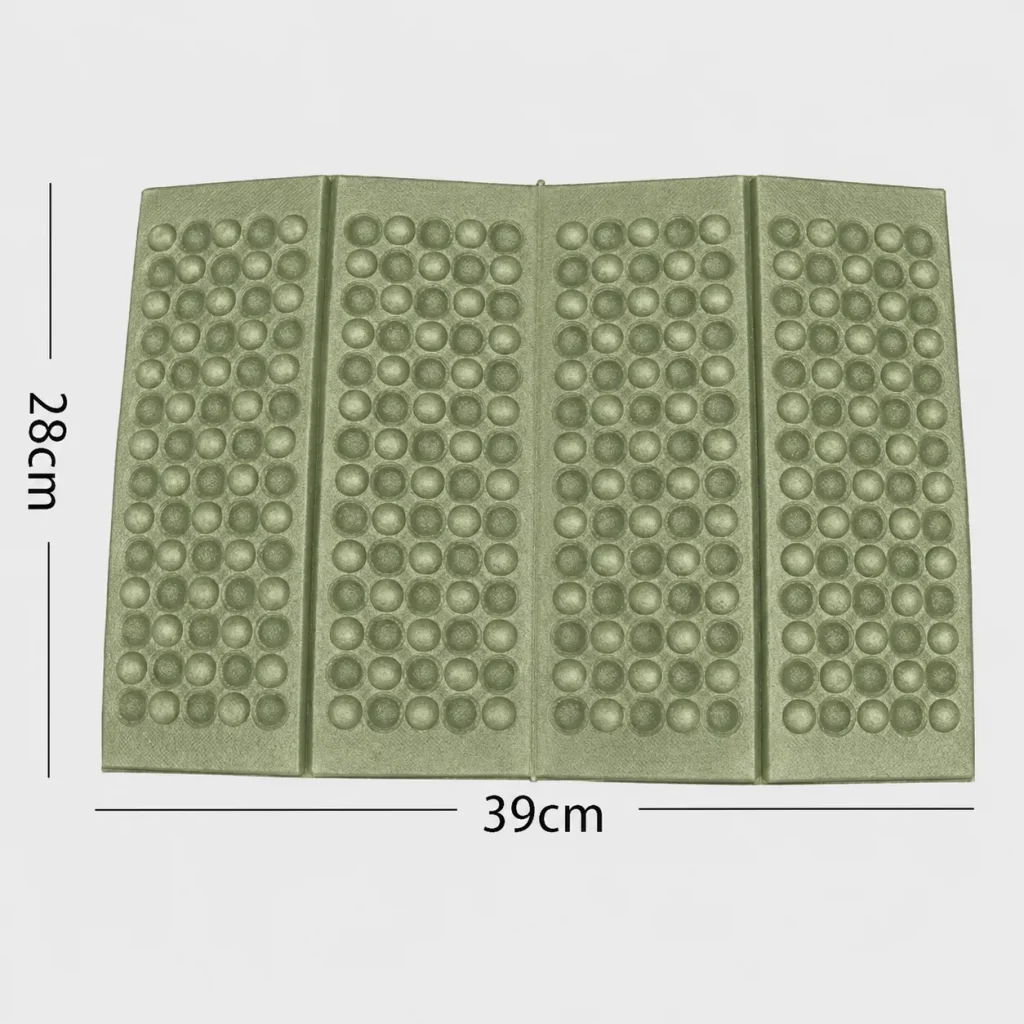 Army green folding outdoor seat pad unfolded with 39 cm by 28 cm dimensions shown