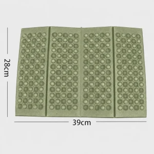 Army green folding outdoor seat pad unfolded with 39 cm by 28 cm dimensions shown