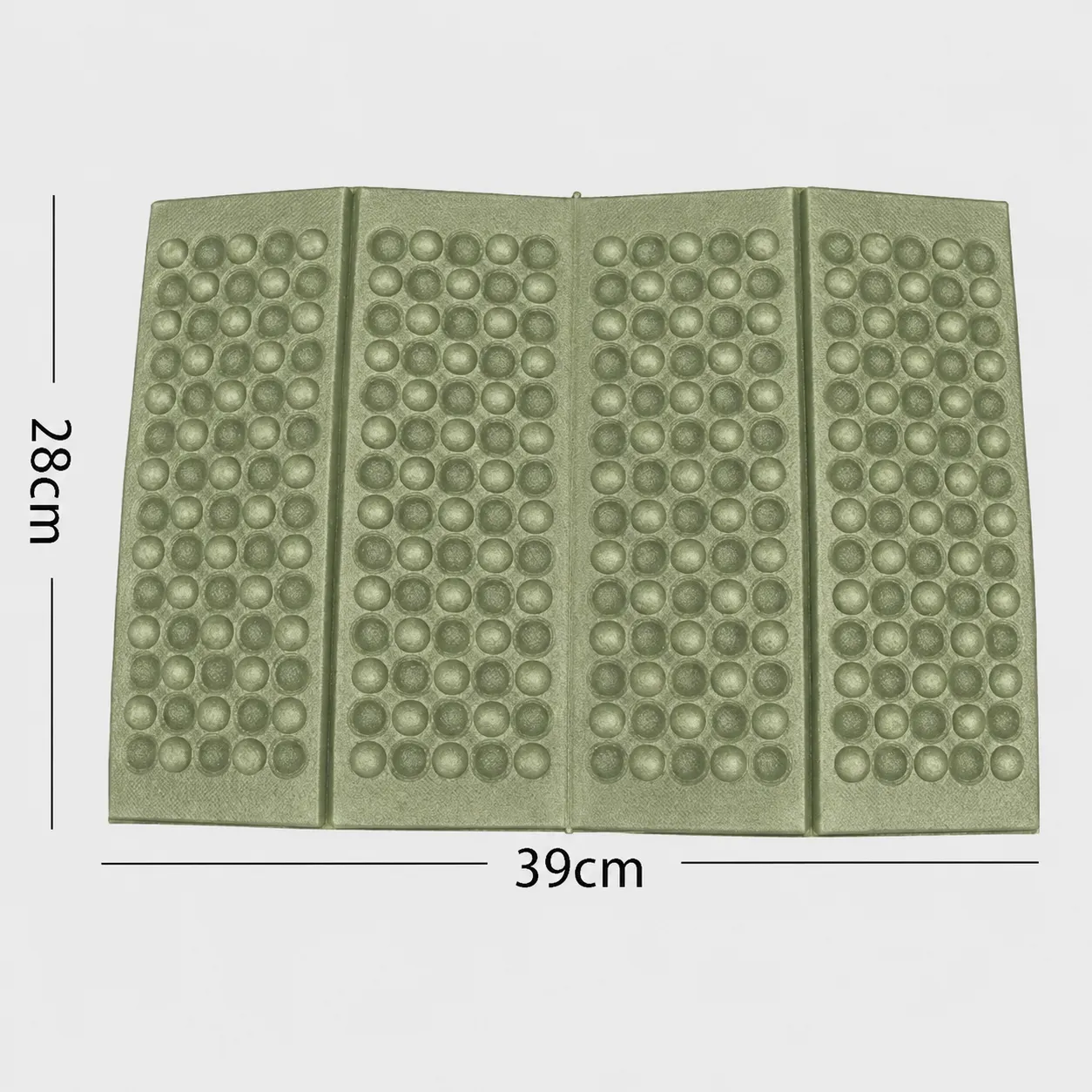 Army green folding outdoor seat pad unfolded with 39 cm by 28 cm dimensions shown