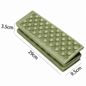 Army green outdoor seat pad folded to 29 cm by 9.5 cm by 3.5 cm for compact packing