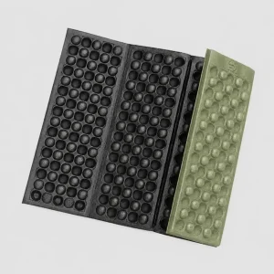 Army green outdoor seat pad unfolded to show folding XPE foam panels and raised egg-shaped texture